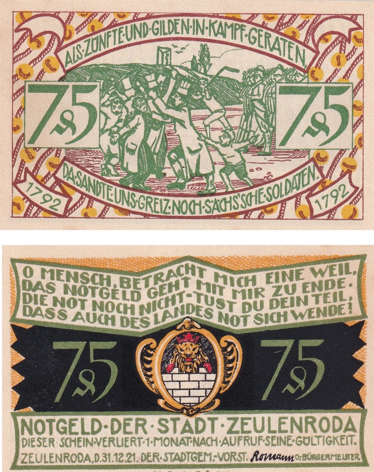 NotgeldAlmanya, Zeulenroda, 75 Pfennig (1921) History Series (2) Notgeld