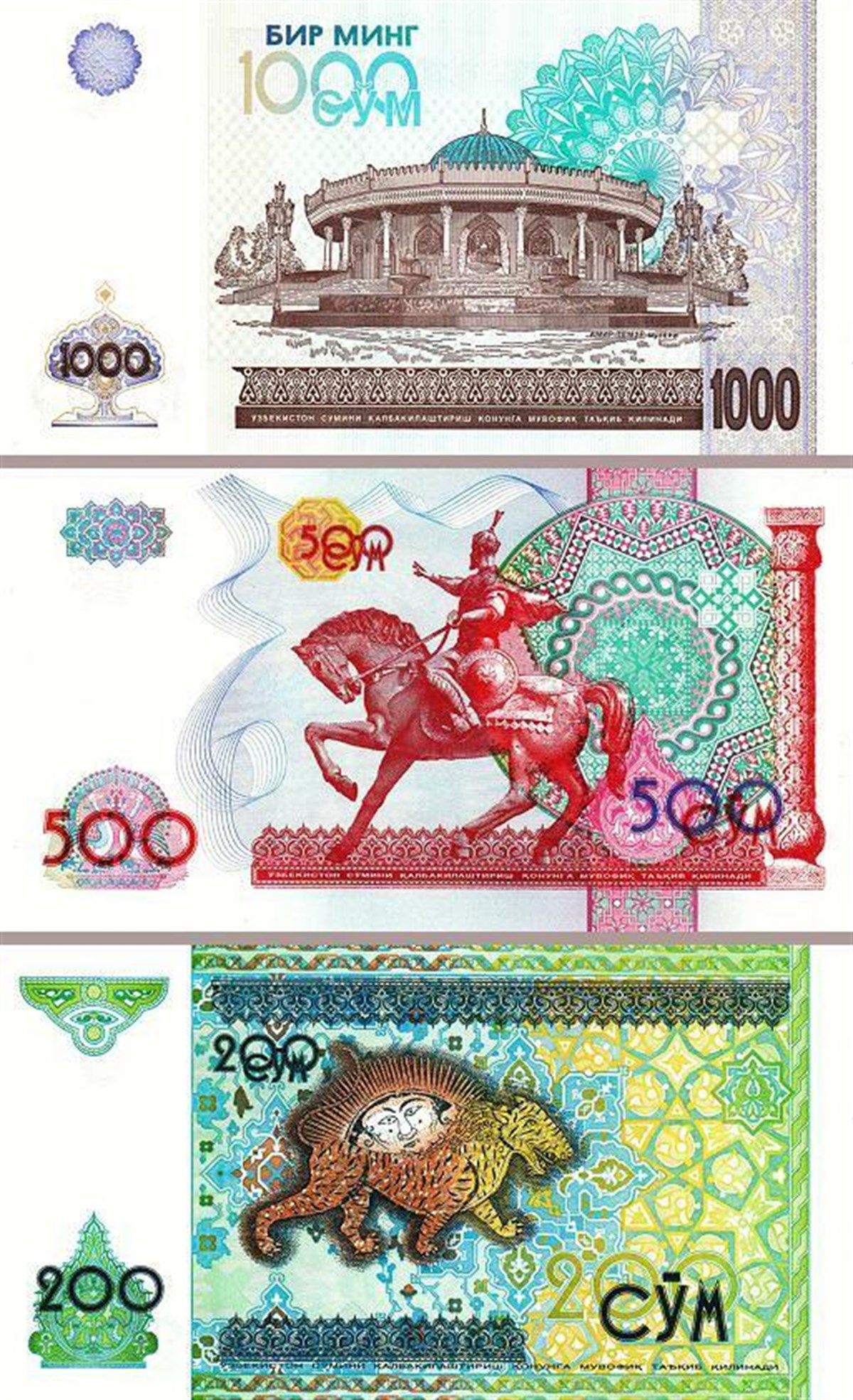 Özbekistan Eski Kağıt Para Seti (200-500-1000 SOM,1997)
