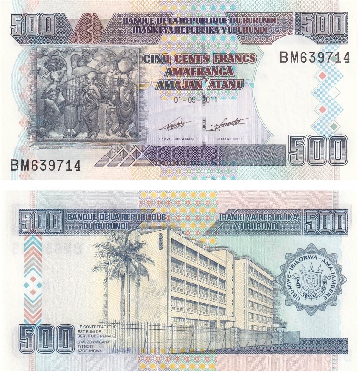 Foreign State BanknotesBurundi, 500 Frank (2011) P#45b ÇİL Eski Yabancı Kağıt Para