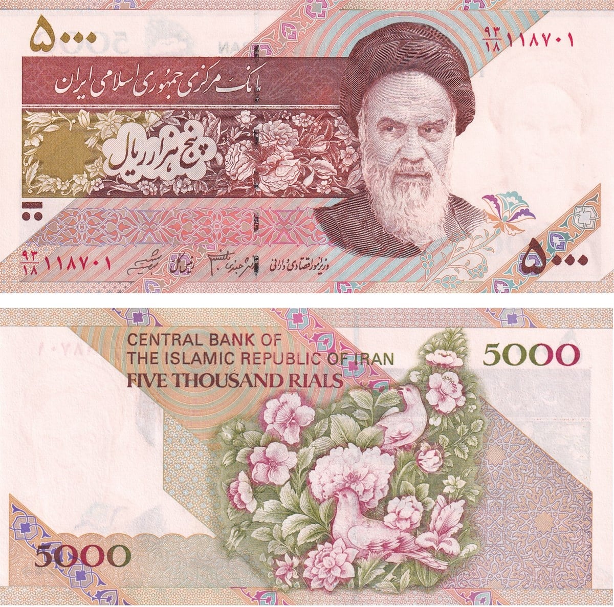 Foreign State Banknotesİran, 5.000 Riyal (1993) P#145f ÇİL Eski Yabancı Kağıt Para