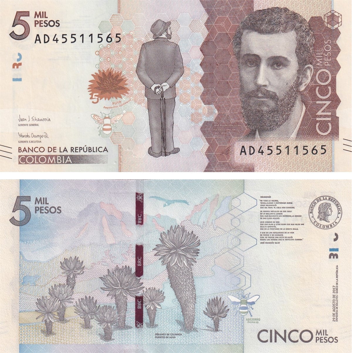 Foreign State BanknotesKolombiya, 5.000 Peso (2017) P#459 ÇİL Eski Yabancı Kağıt Para