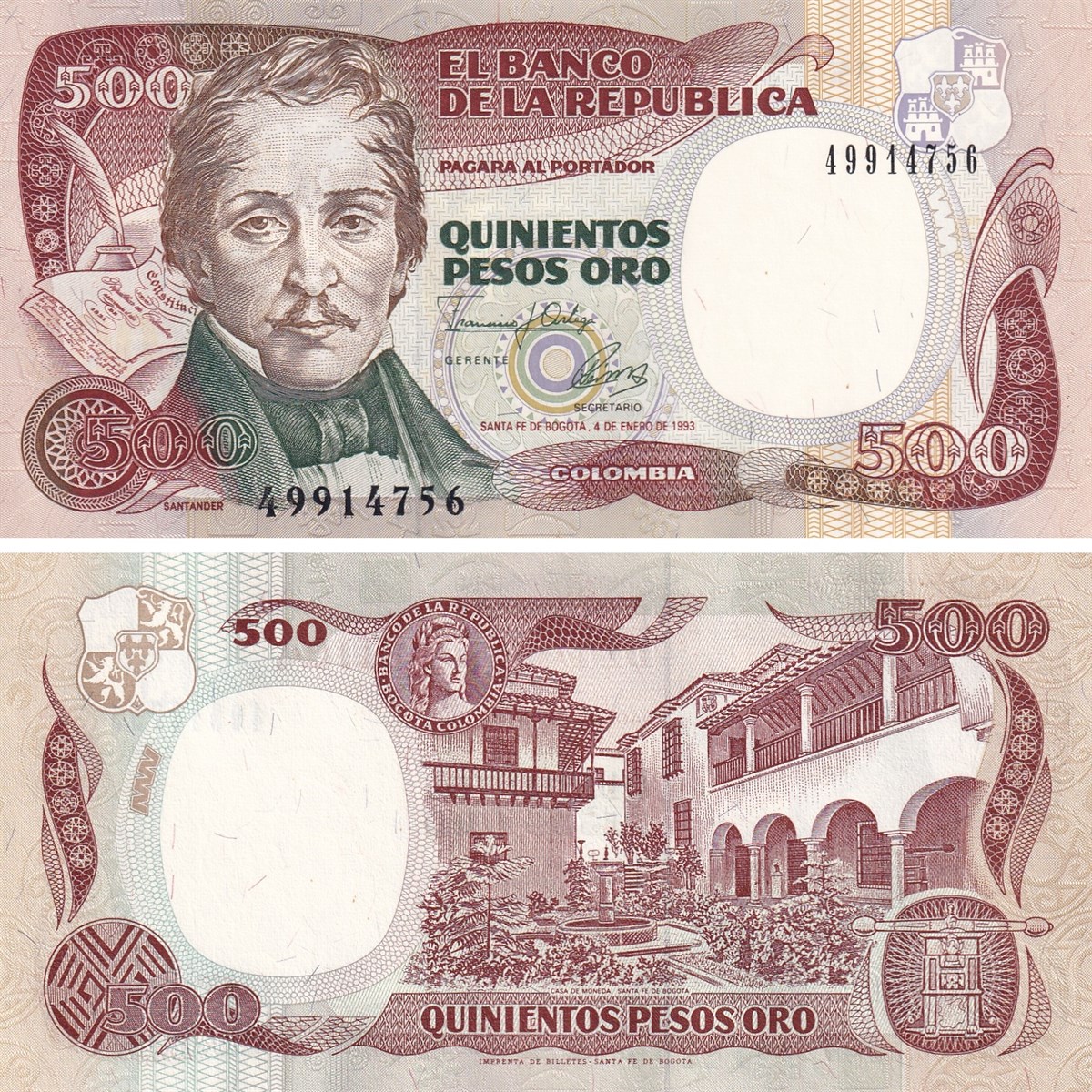 Foreign State BanknotesKolombiya, 500 Peso (1993) P#431A ÇİL Eski Yabancı Kağıt Para