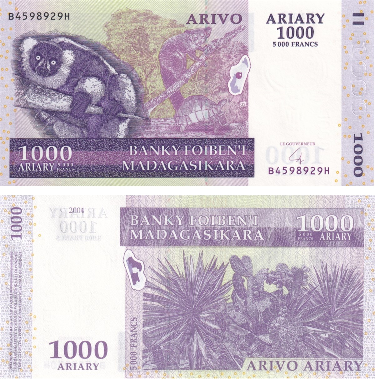 Yabancı Devletlerin Kağıt ParalarıMadagaskar, 1000 Ariary (2004) P#89 ÇİL Eski Yabancı Kağıt Para