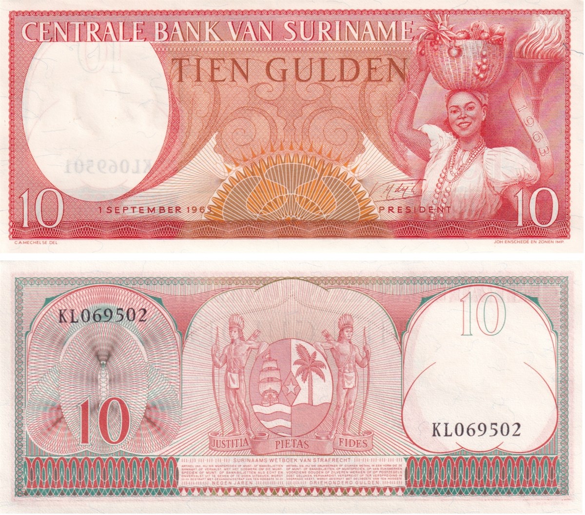 Foreign State BanknotesSurinam, 10 Gulden (1963) P#121 ÇİL Eski Yabancı Kağıt Para