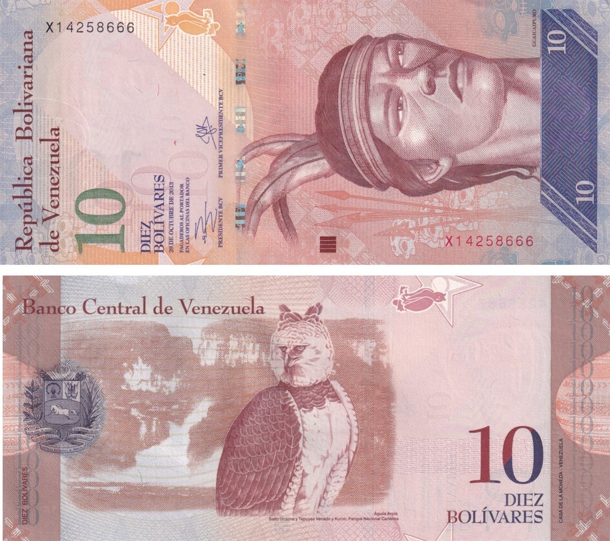Yabancı Devletlerin Kağıt ParalarıVenezuela, 10 Bolivar (2013) P#90 ÇİL Eski Yabancı Kağıt Para