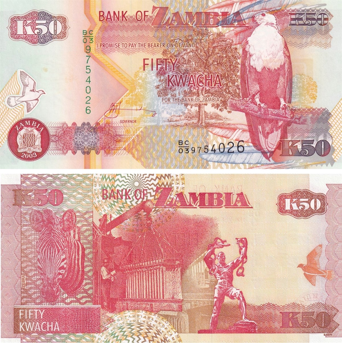 Yabancı Devletlerin Kağıt ParalarıZambiya, 50 Kwacha (2003) P#37d ÇİL Eski Yabancı Kağıt Para