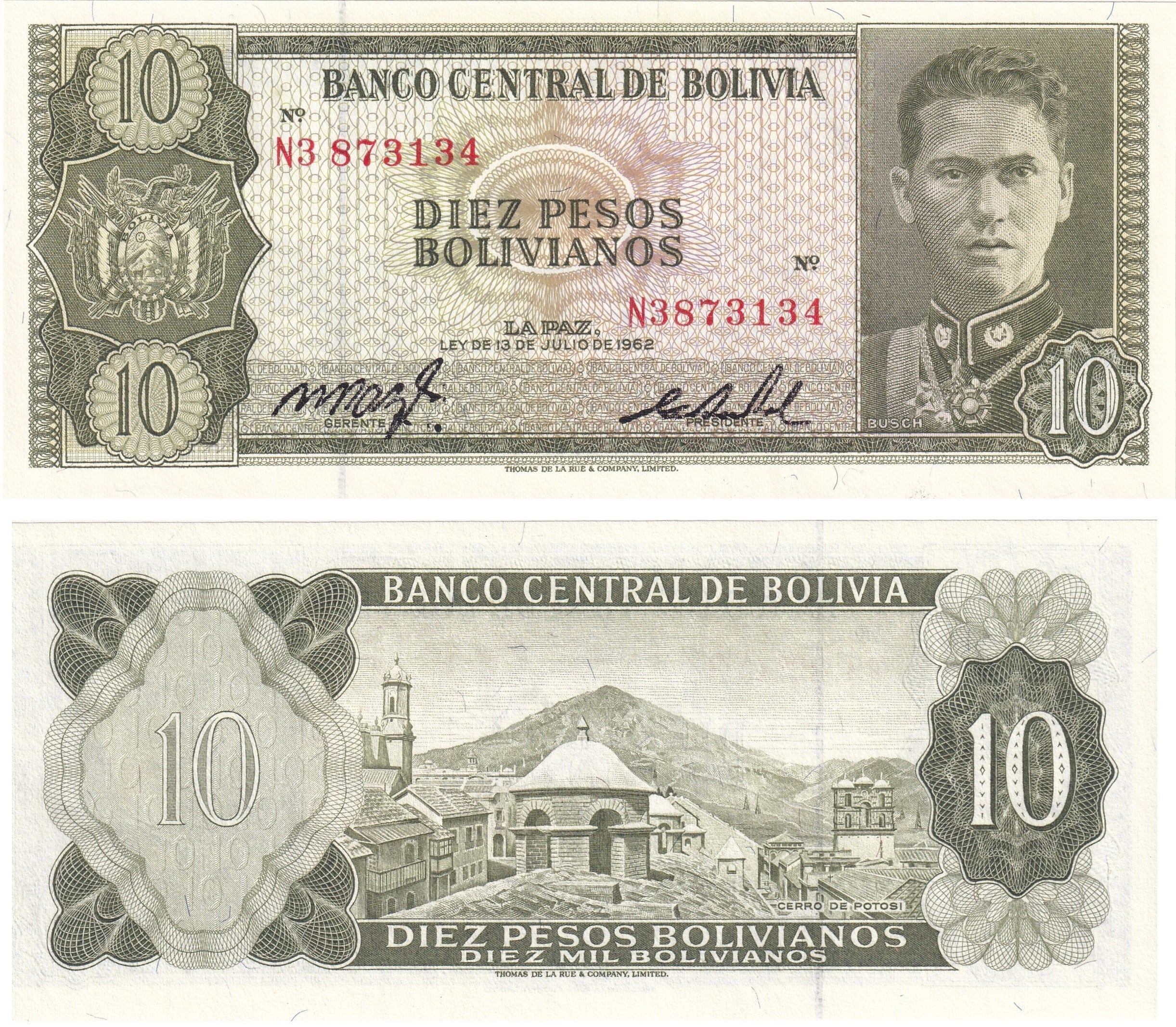Foreign Paper MoneyBolivya, 10 Bolivianos (1962) ÇİL Eski Yabancı Kağıt Para