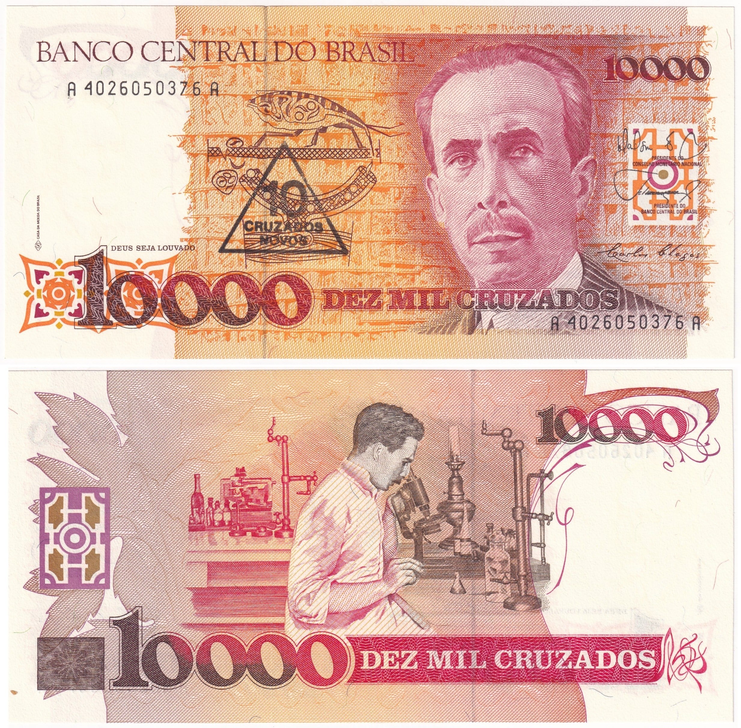 Foreign Paper MoneyBrezilya, 10.000 Cruzados üzeri 10 Cruzados Novos Sürşarjlı (1990) P#218 ÇİL Eski Yabancı Kağıt Para