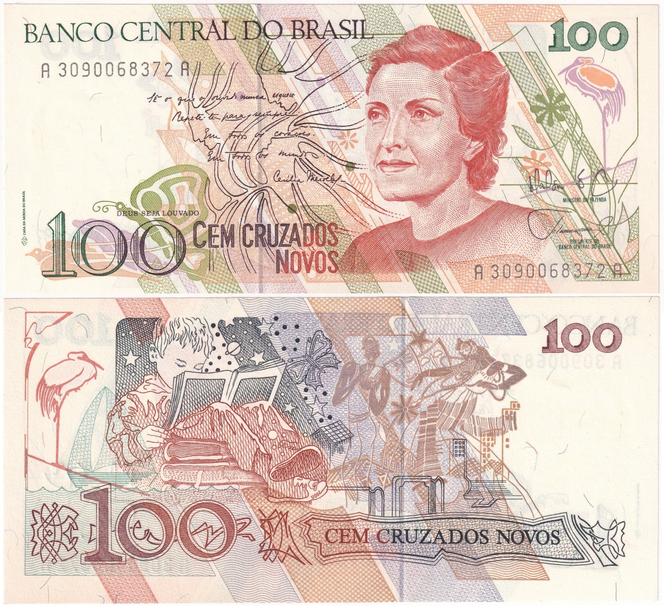 Foreign Paper MoneyBrezilya, 100 Cruzados Novos (1989) P#220 ÇİL Eski Yabancı Kağıt Para