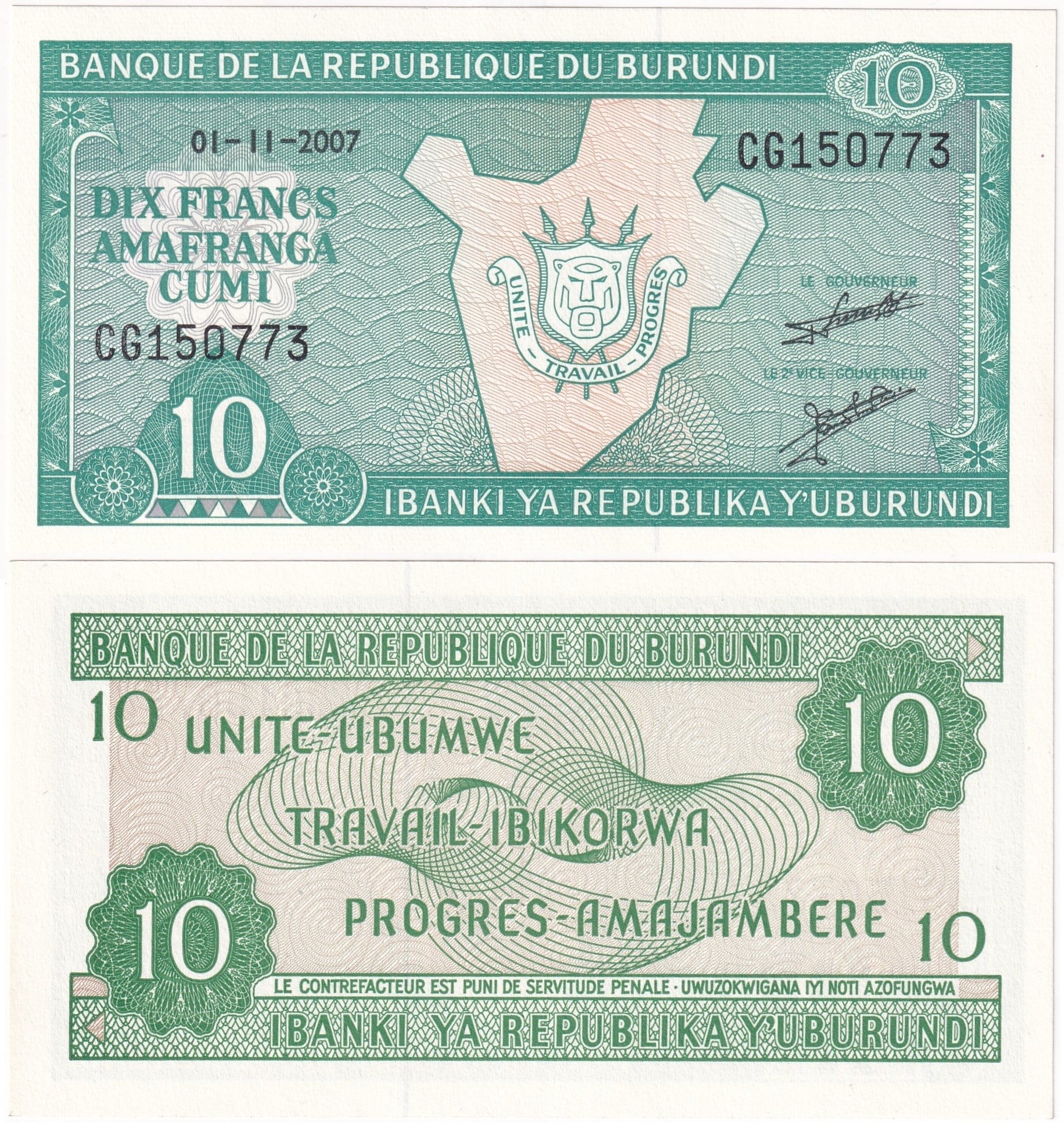 Foreign Paper MoneyBurundi, 10 Frank (2007) P#33 ÇİL Eski Yabancı Kağıt Para