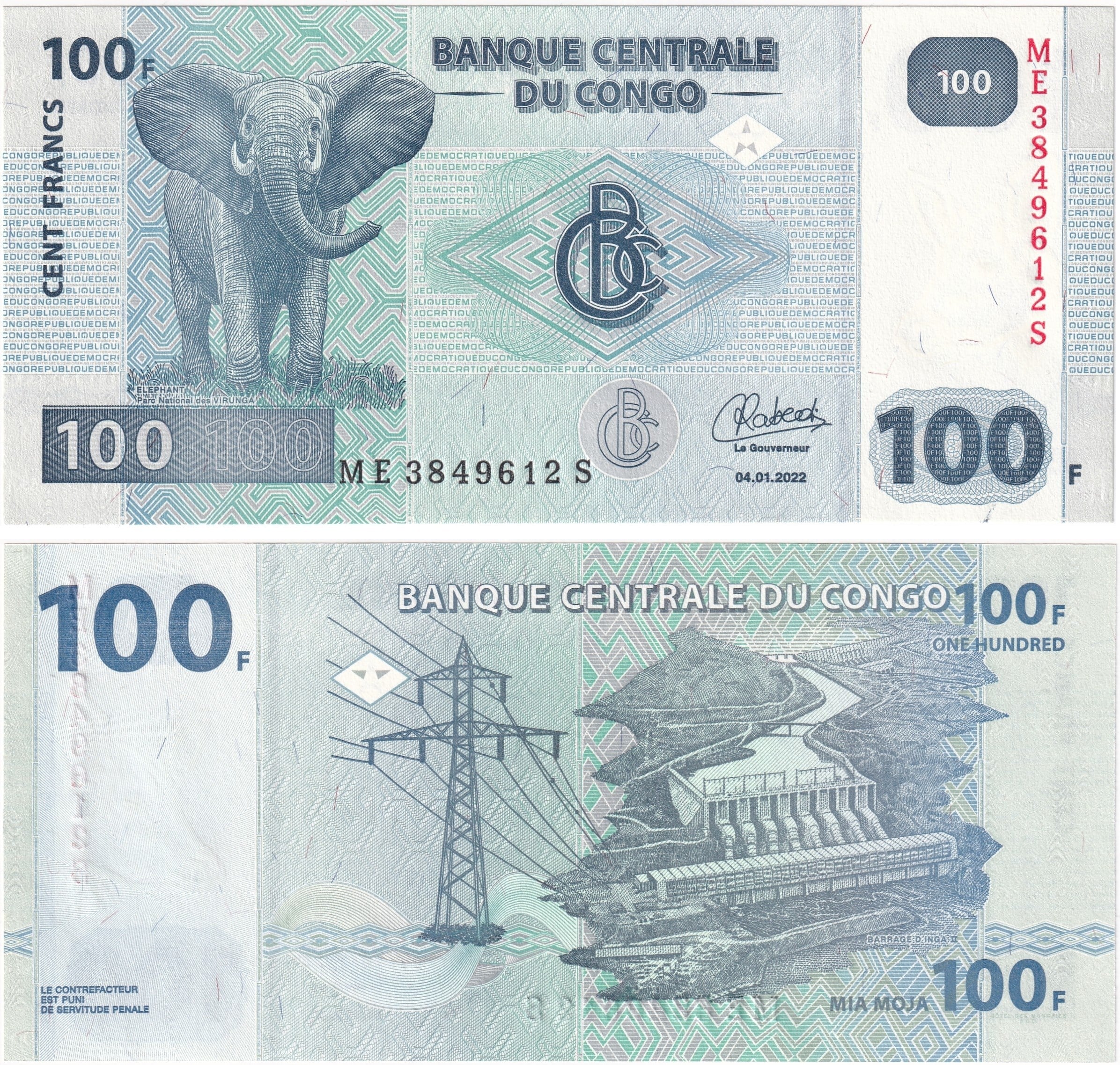 Foreign Paper MoneyDemokratik Kongo Cumhuriyeti, 100 Frank (2022) ÇİL Eski Yabancı Kağıt Para