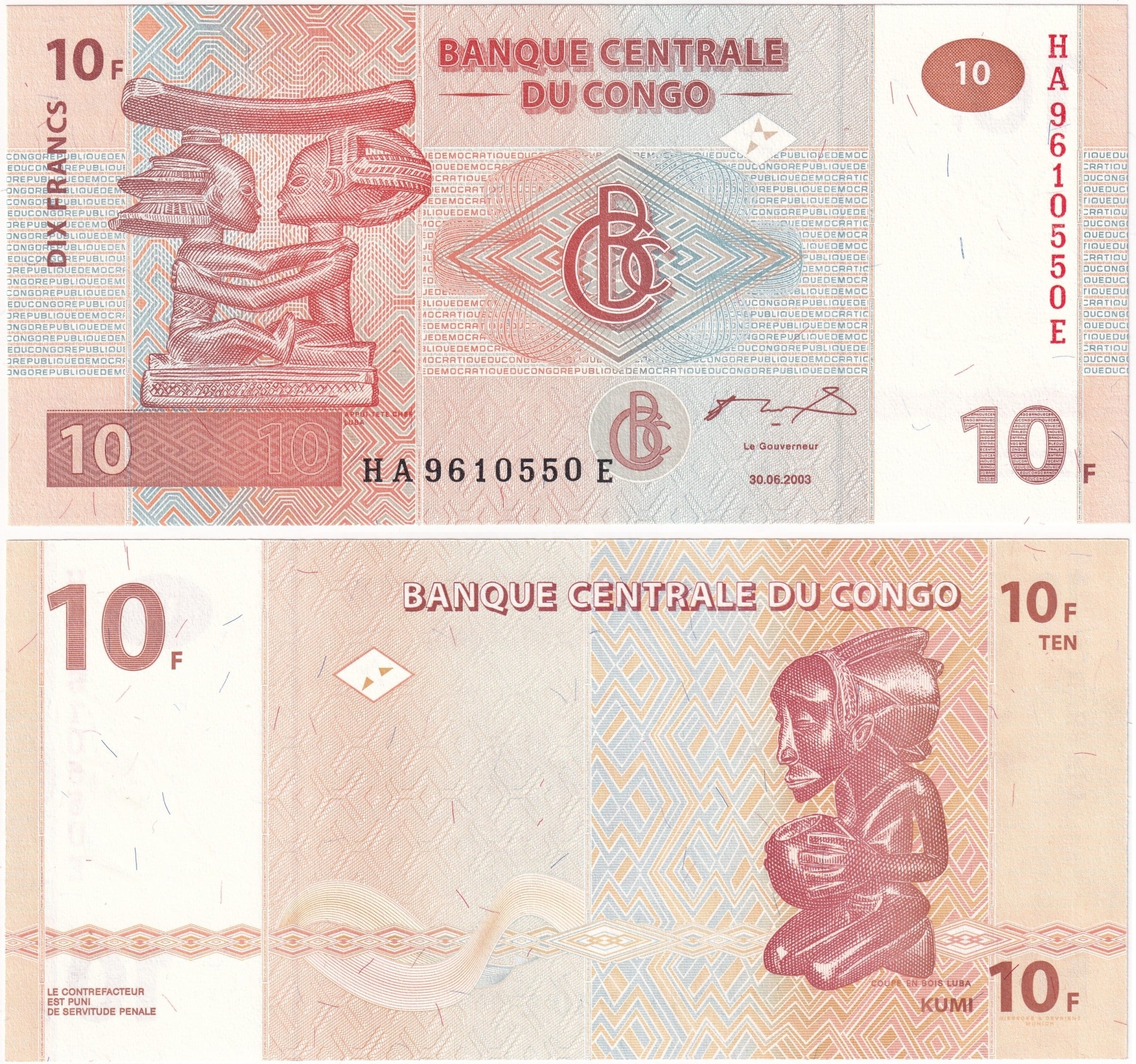 Foreign Paper MoneyDemokratik Kongo Cumhuriyeti, 10 Frank (2003) ÇİL Eski Yabancı Kağıt Para