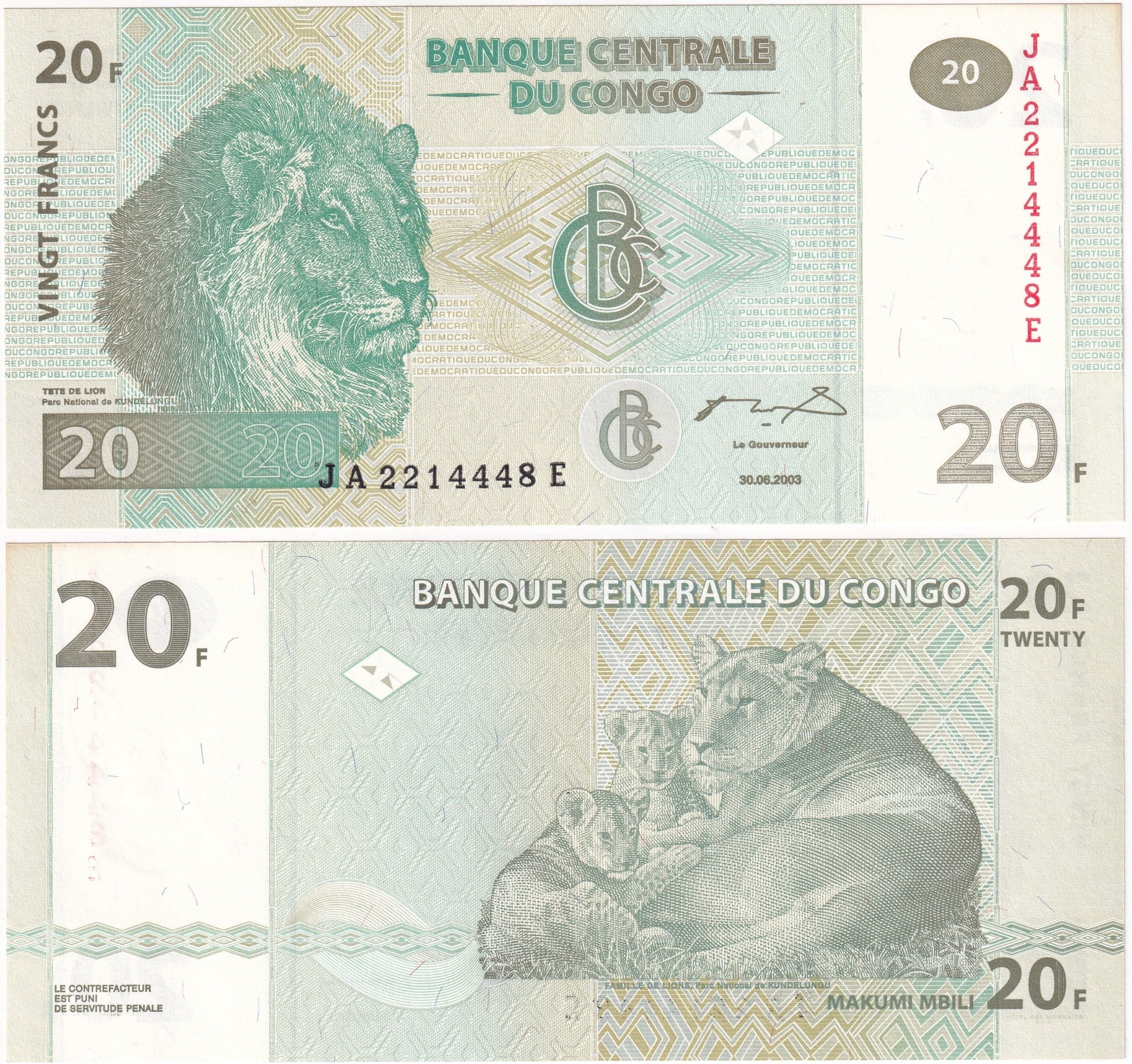 Foreign Paper MoneyDemokratik Kongo Cumhuriyeti, 20 Frank (2003) ÇİL Eski Yabancı Kağıt Para