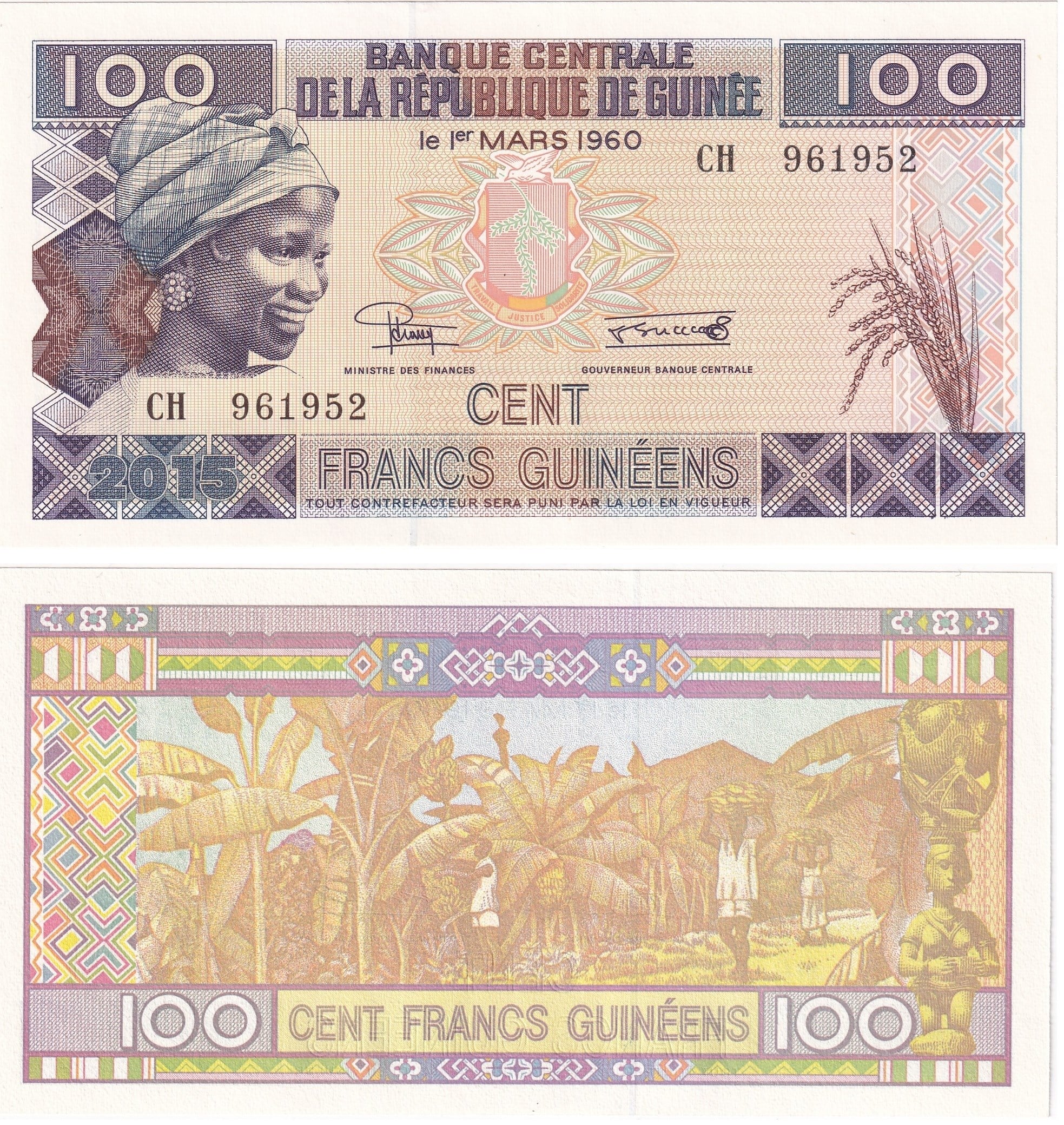 Foreign Paper MoneyGine, 100 Frank (2015) ÇİL Eski Yabancı Kağıt Para
