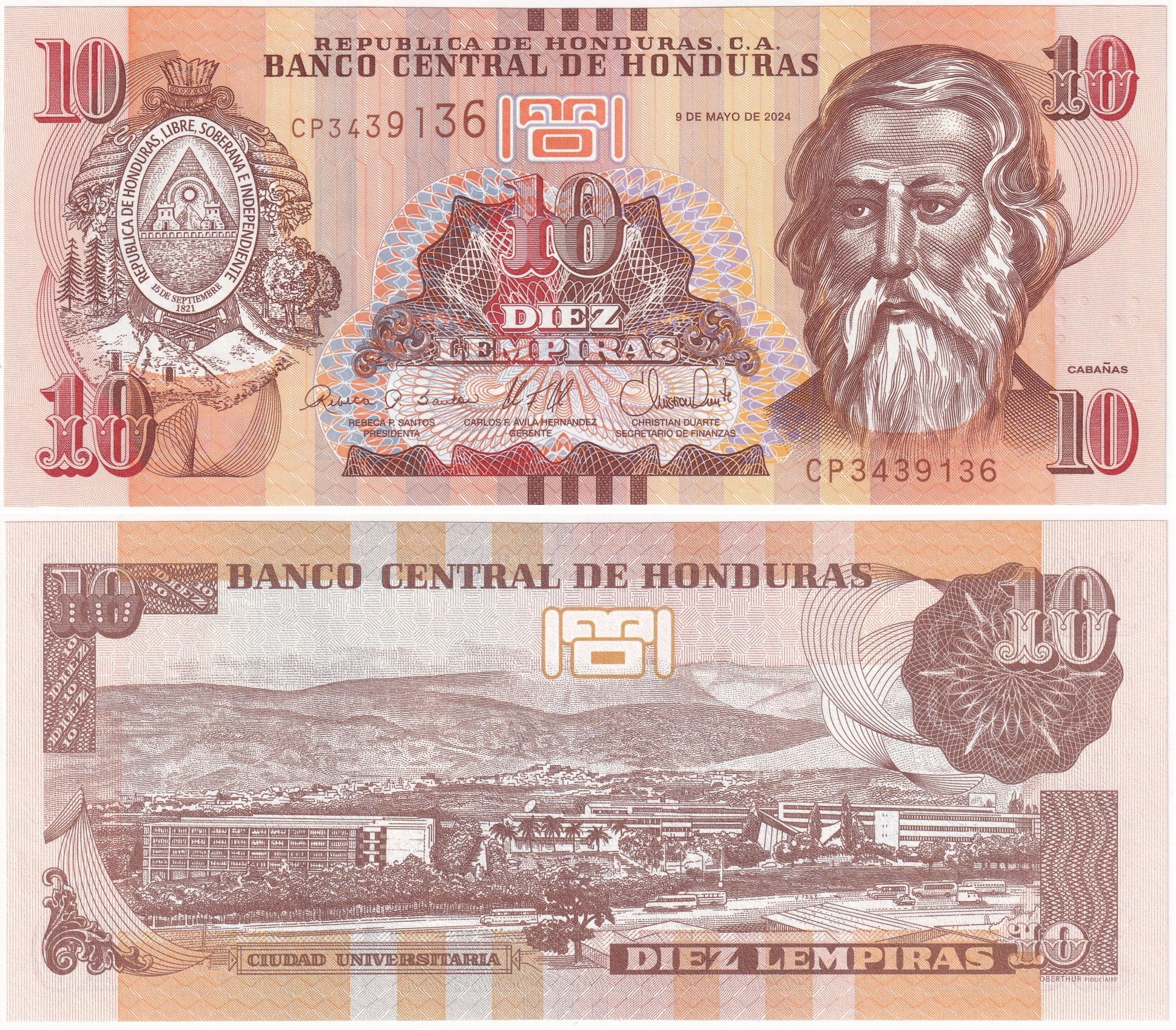 Foreign Paper MoneyHonduras, 10 Lempiras (2024) ÇİL Eski Yabancı Kağıt Para