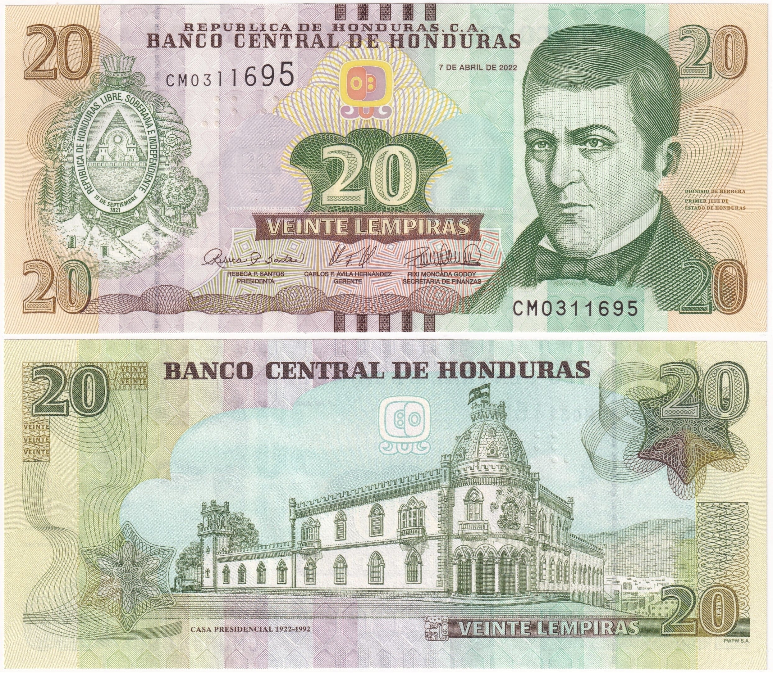 Foreign Paper MoneyHonduras, 20 Lempiras (2022) ÇİL Eski Yabancı Kağıt Para
