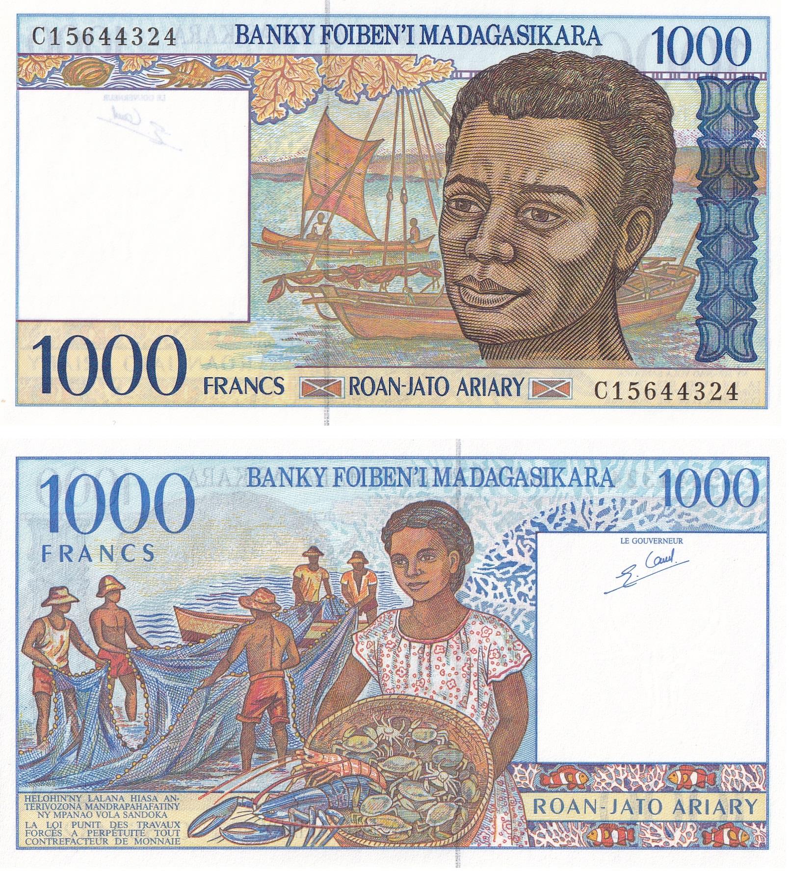 Foreign Paper MoneyMadagaskar, 1.000 Frank (1994) P#76 ÇİL Eski Yabancı Kağıt Para
