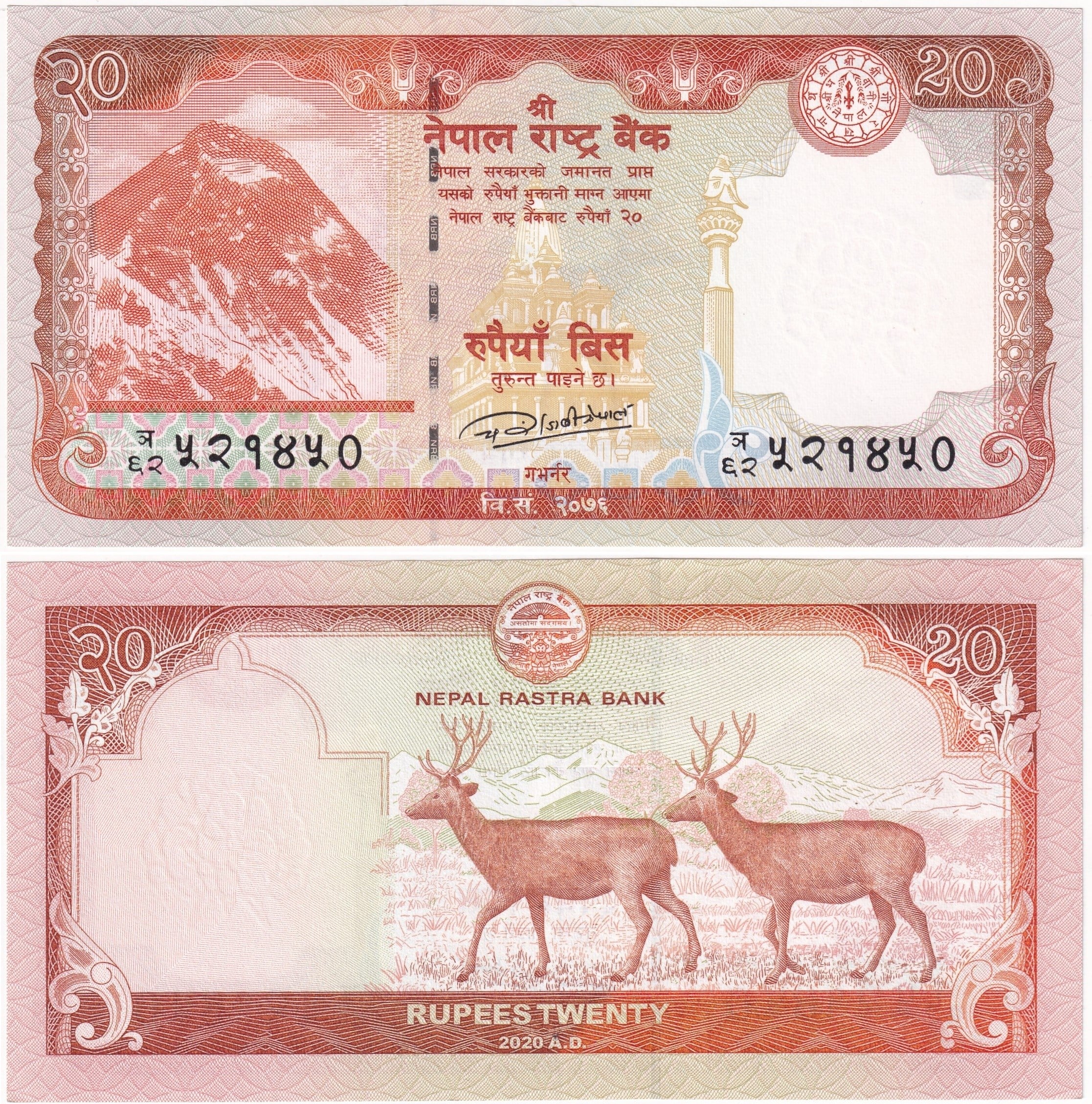 Foreign Paper MoneyNepal, 20 Rupi (2020) P#78 ÇİL Eski Yabancı Kağıt Para