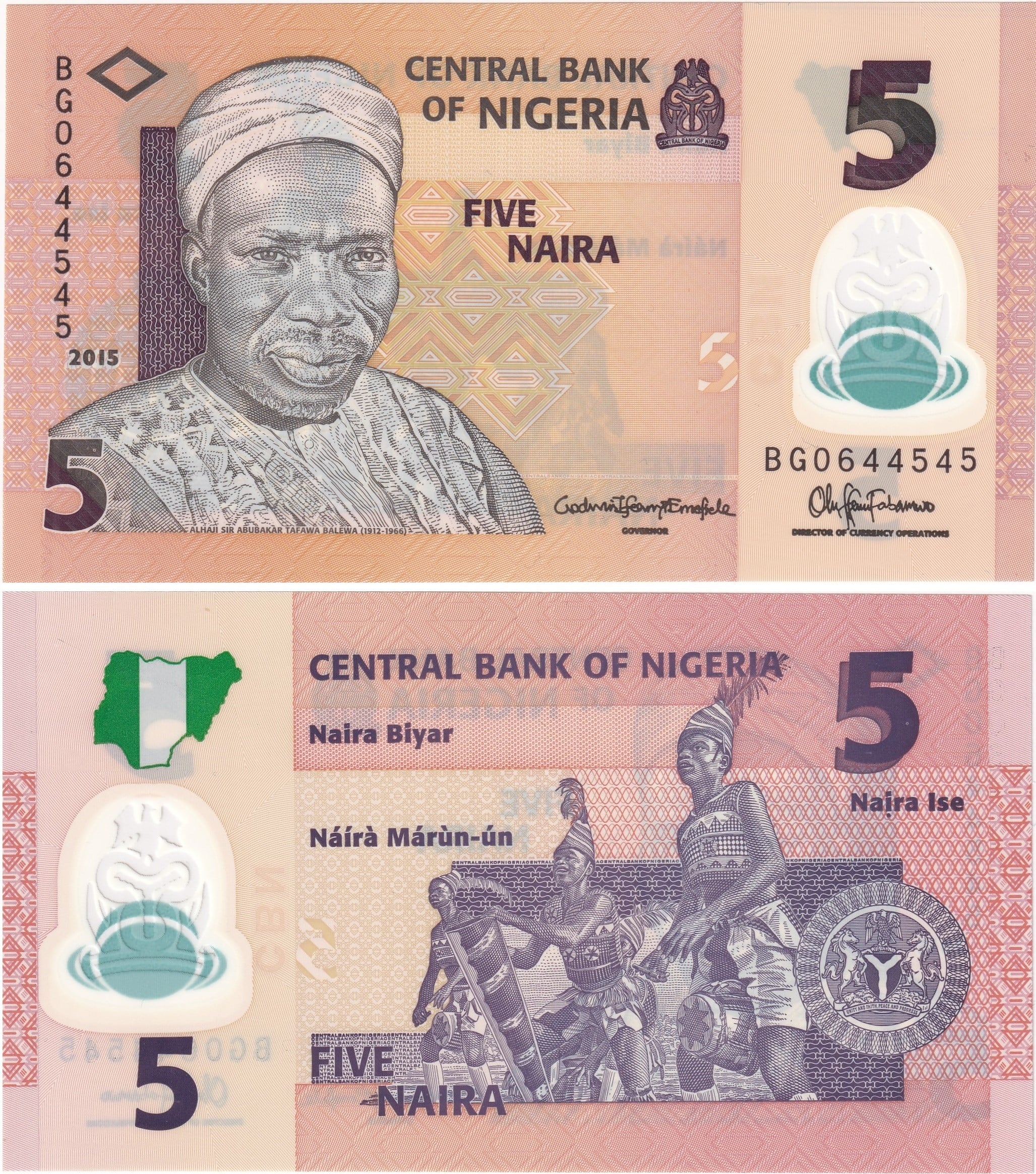 Foreign Paper MoneyNijerya, 5 Naira (2015) ÇİL Eski Yabancı Polimer Para