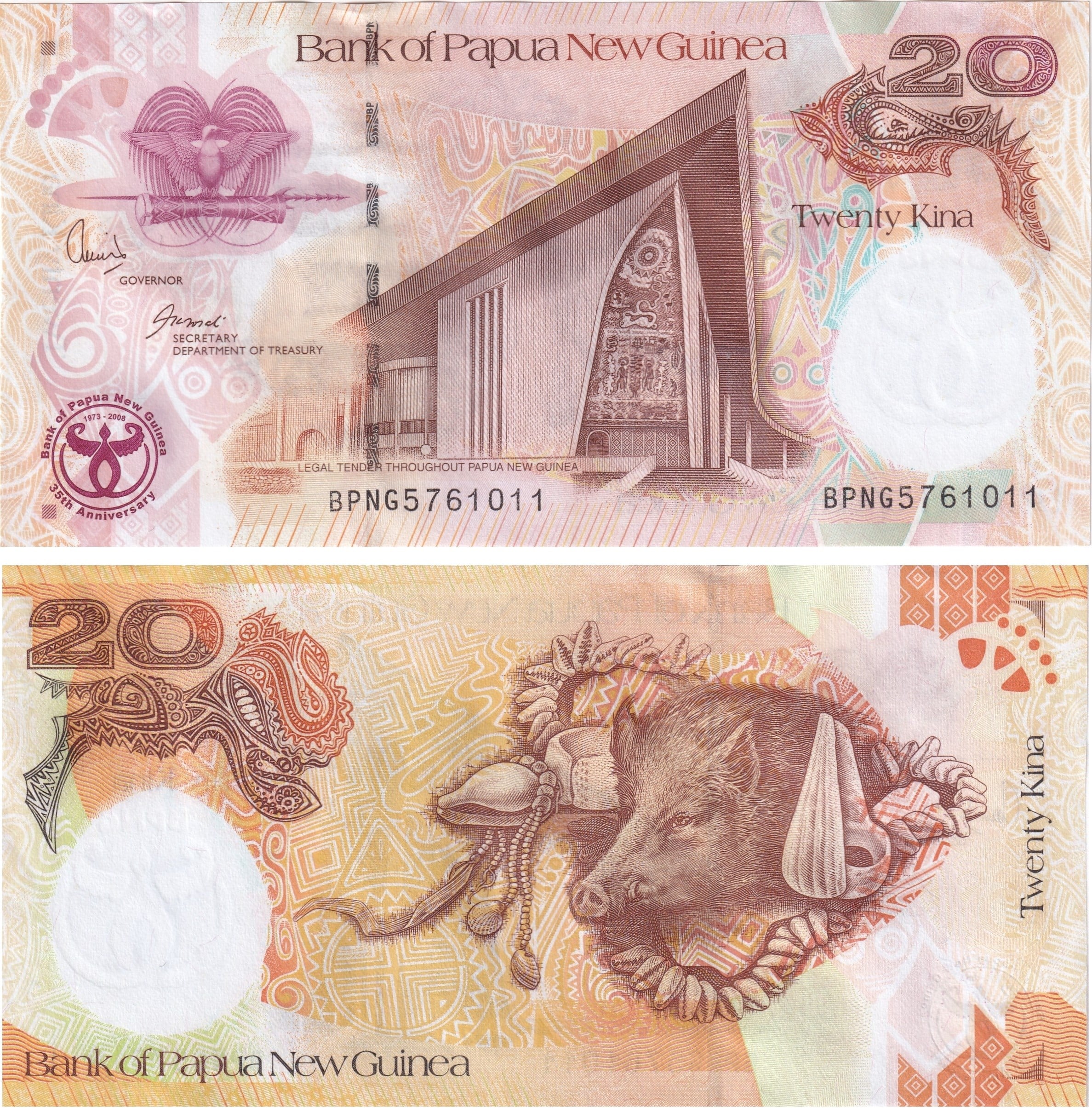 Foreign Paper MoneyPapua Yeni Gine, 20 Kina (2008) P#36 ÇİL Yabancı Eski Kağıt Para