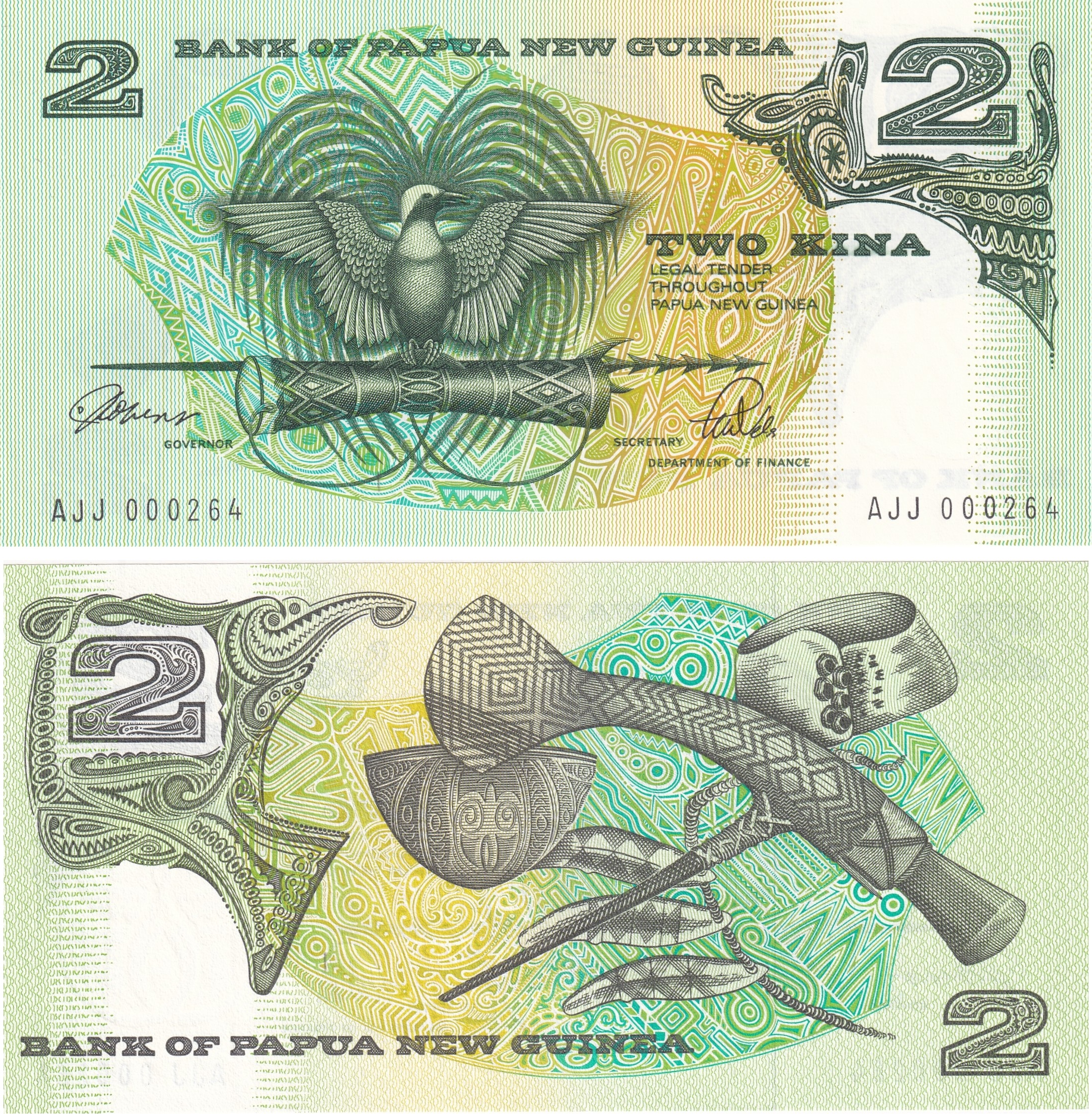 Foreign Paper MoneyPapua Yeni Gine, 2 Kina (1980) P#5c ÇİL Yabancı Eski Kağıt Para