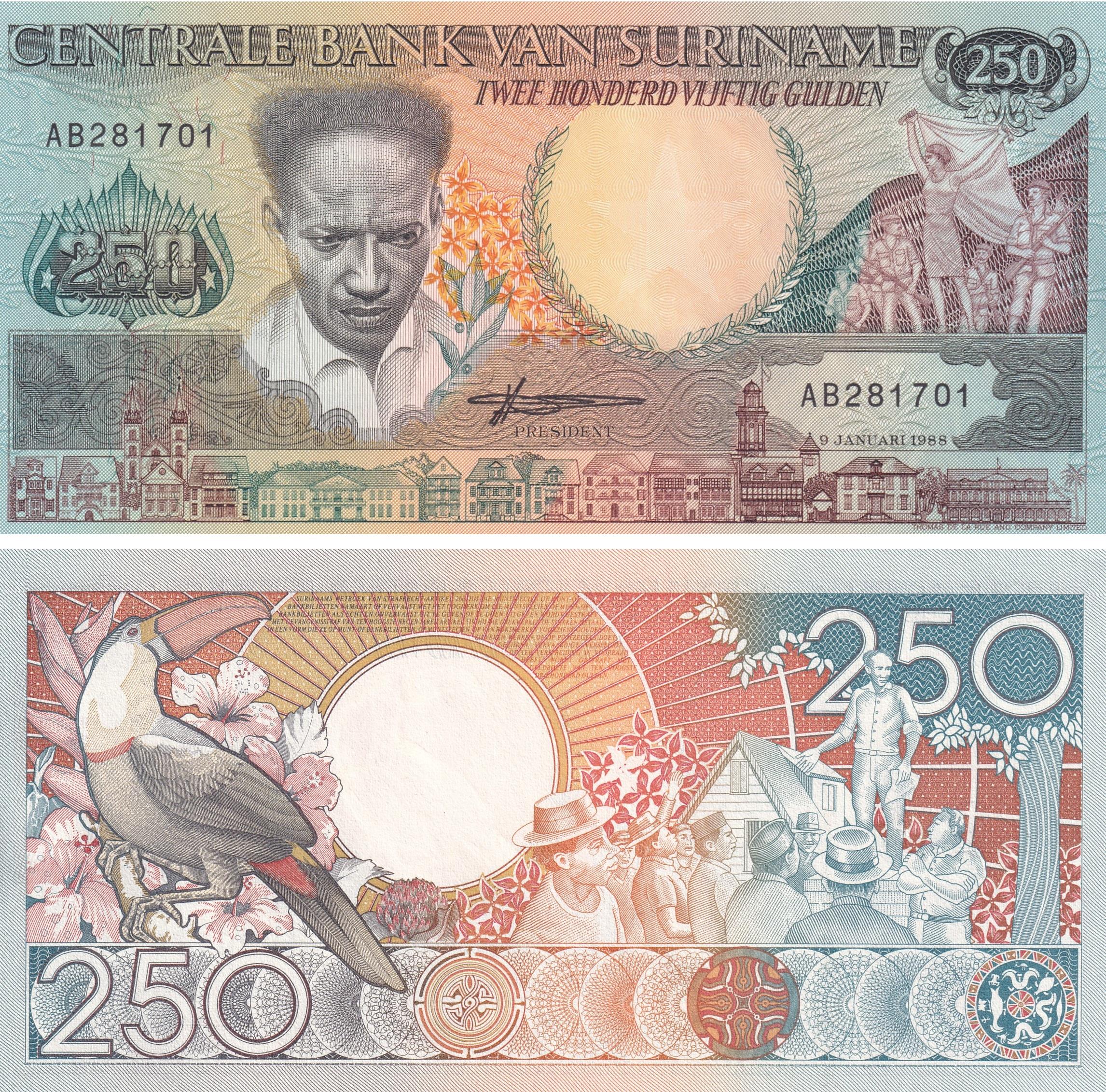 Foreign Paper MoneySurinam, 250 Gulden (1988) ÇİL Eski Yabancı Kağıt Para