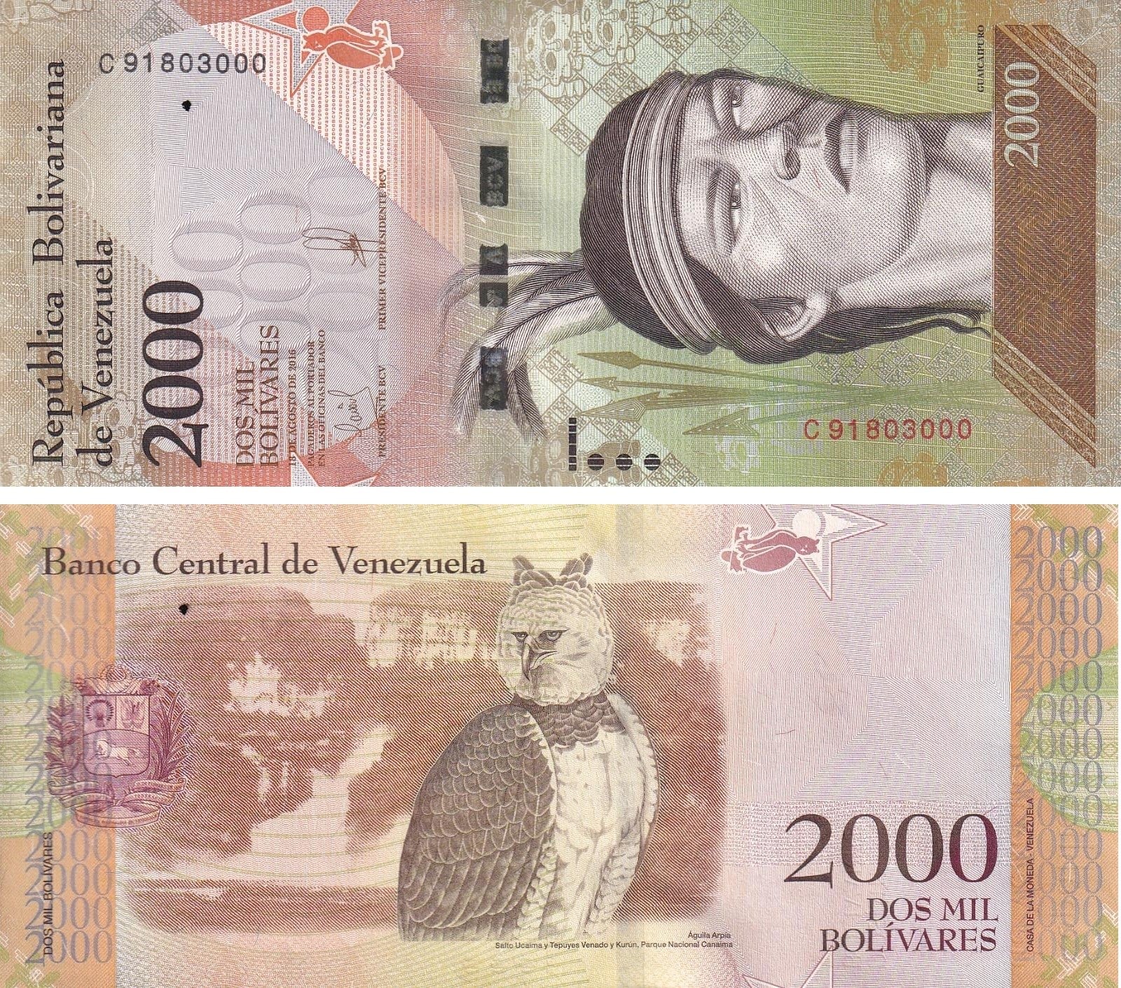 Foreign Paper MoneyVenezuela, 2.000 Bolivar (2016) ÇİL Eski Yabancı Kağıt Para