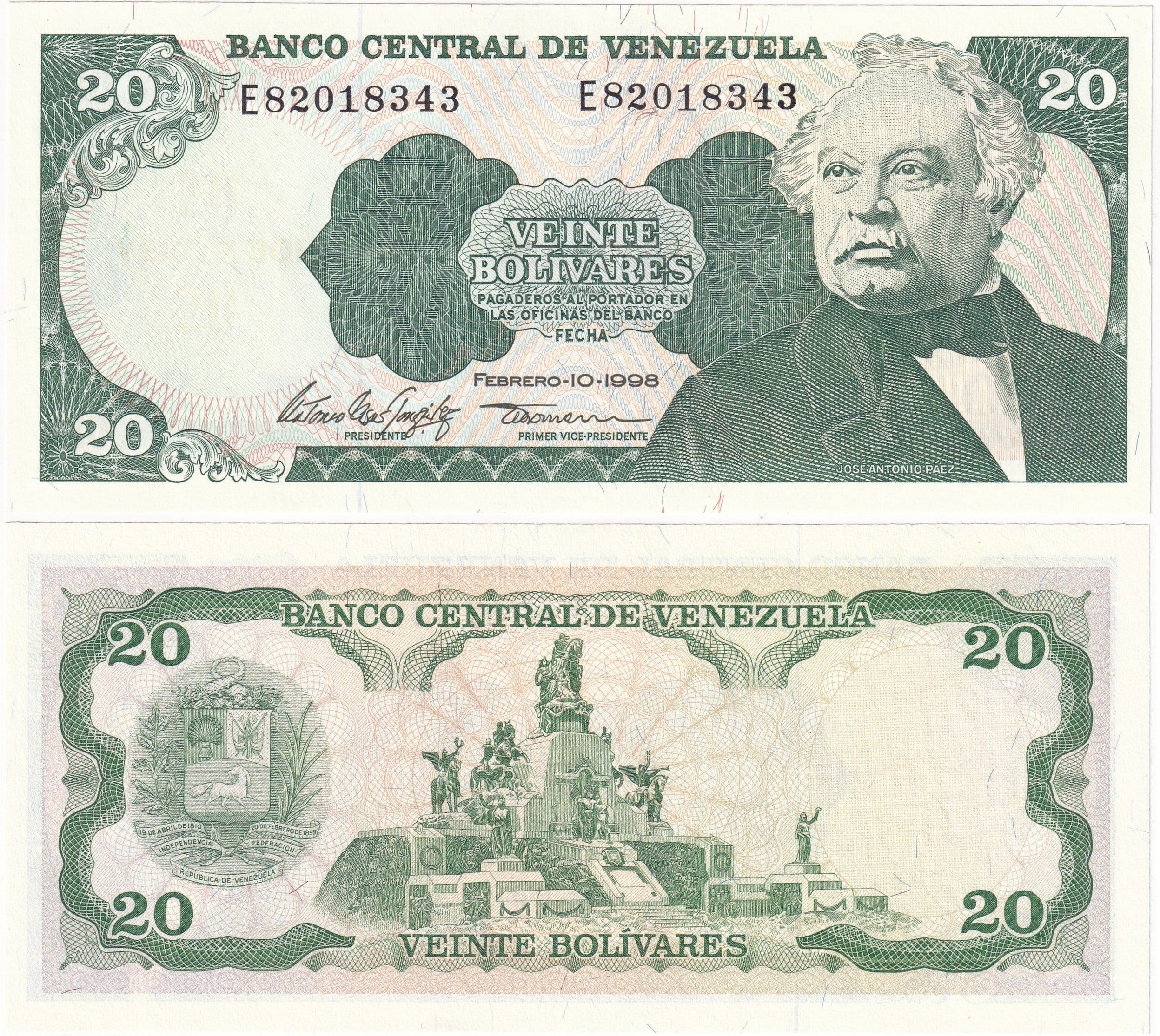Foreign Paper MoneyVenezuela, 20 Bolivar (1998) ÇİL Eski Yabancı Kağıt Para