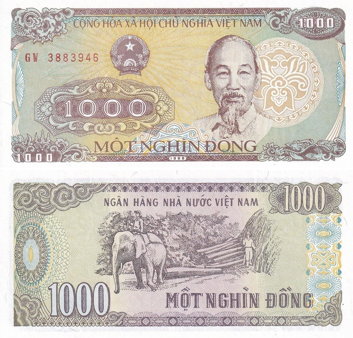 Foreign Paper MoneyVietnam, 1.000 Dong (1988) P#106 ÇİL Eski Yabancı Kağıt Para