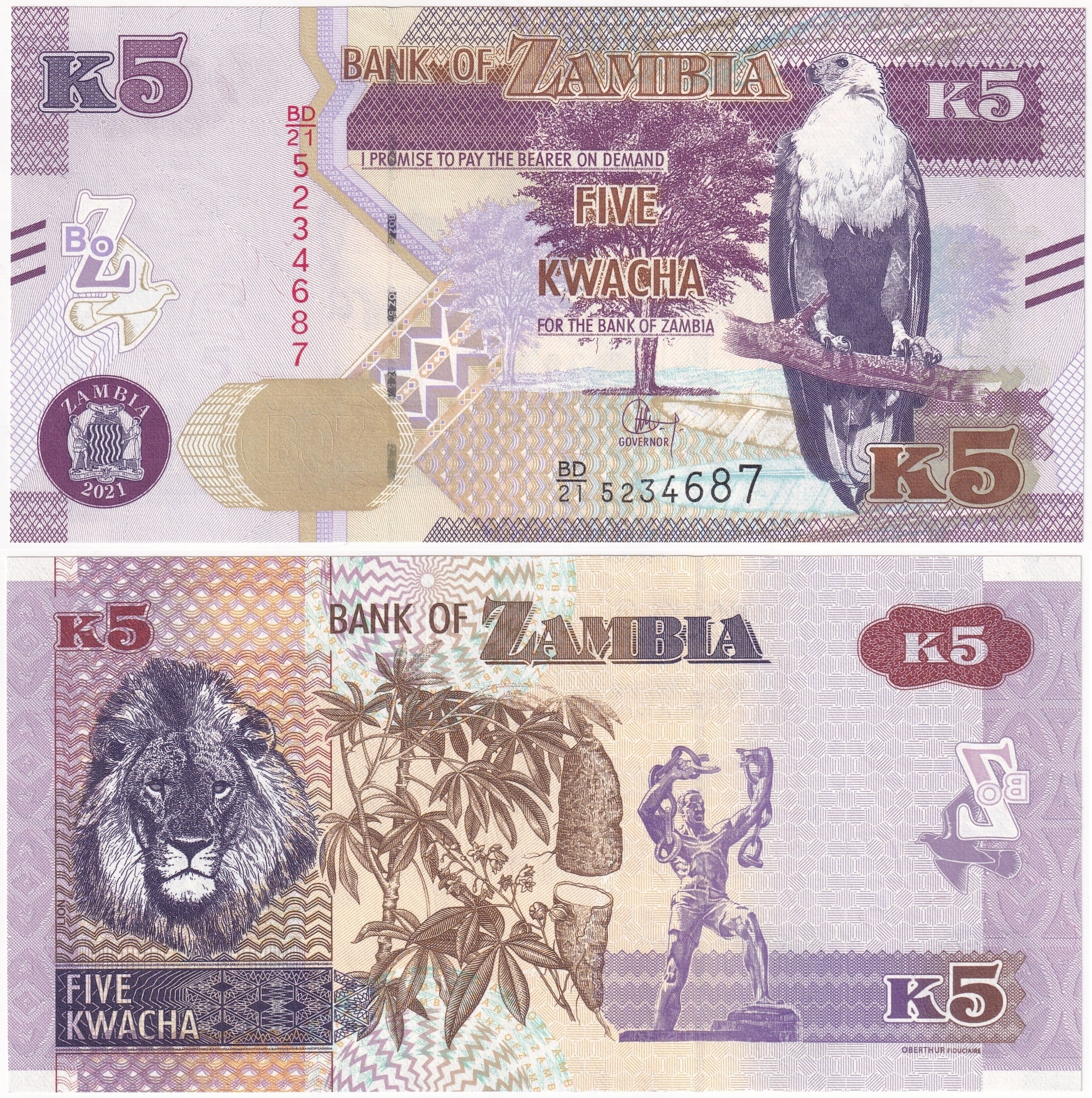 Foreign Paper MoneyZambiya, 5 Kwacha (2021) ÇİL Eski Yabancı Kağıt Para