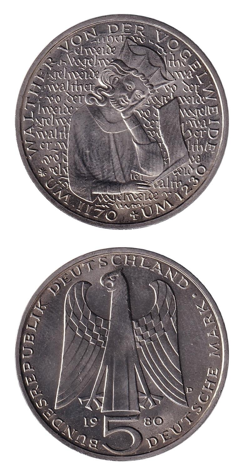 Yabancı Madeni Paralar Batı Almanya, 5 Mark 1980 (Walther von der Vogelweide) Hatıra ÇİL Eski Yabancı Madeni Para