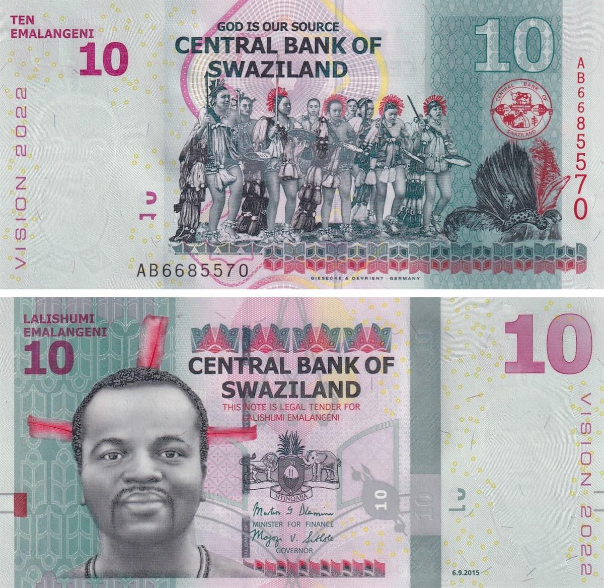 Foreign CoinsEsvati̇ni̇ (Swaziland), 10 Emalangeni (2015) P#41 ÇİL Eski Yabancı Kağıt Para