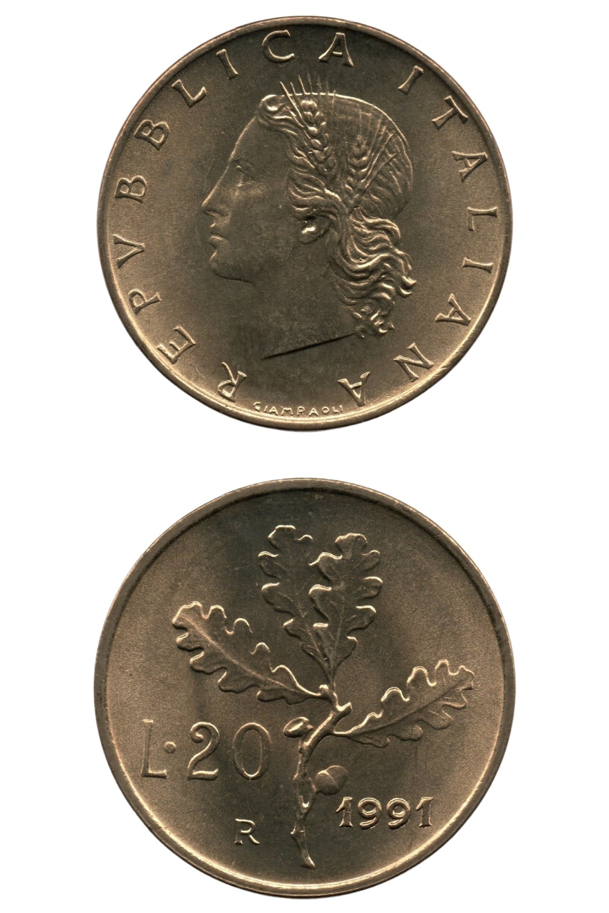 Foreign CoinsItaly, 20 Lire 1991, UNC Old Coin