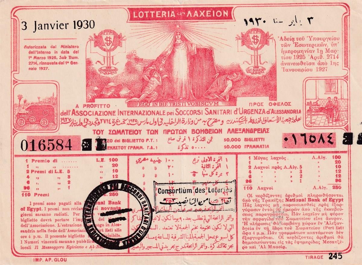 Yabancı Piyango Biletiİskenderiye ve İllerdeki Uluslararası Acil Tıbbi Yardım Derneği Piyango Bileti, 3 Ocak 1930