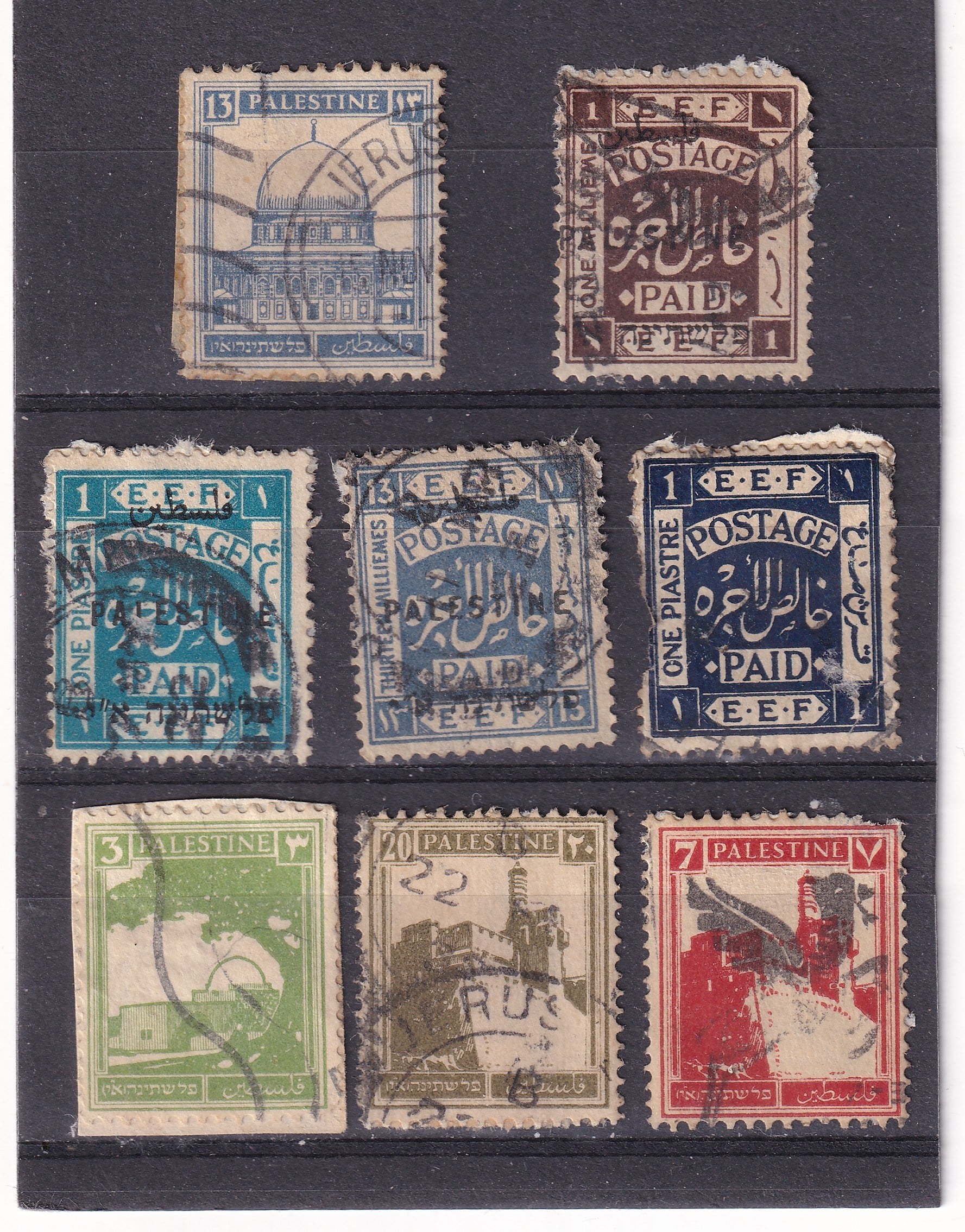 Stamped All Series Stamp CollectionsFilistin İngiliz Mandası (E.E.F. ve Kudüs Manzaraları) Damgalı Pul Lotu - 8 Adet