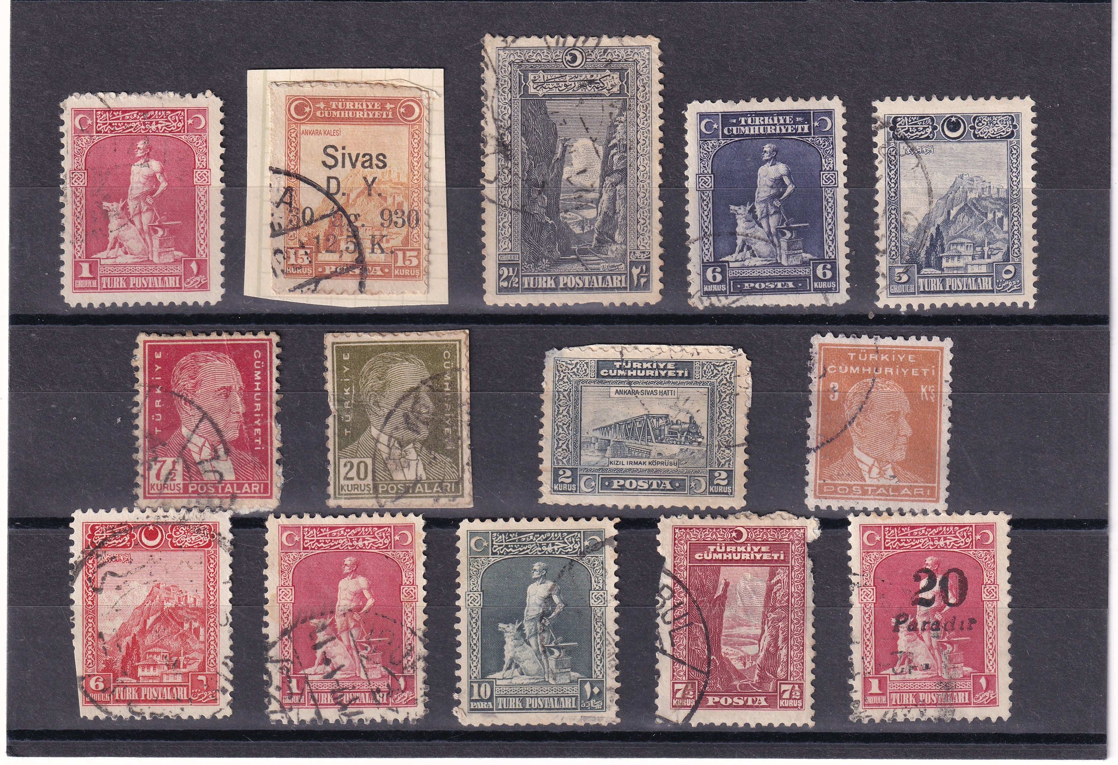 Untagged All Series Stamp CollectionsTürkiye Cumhuriyeti Erken Dönem (1926 Bozkurt Serisi & 1930 Sivas Demiryolu Sürşarjlı) Damgalı Pul Lotu - 14 Adet