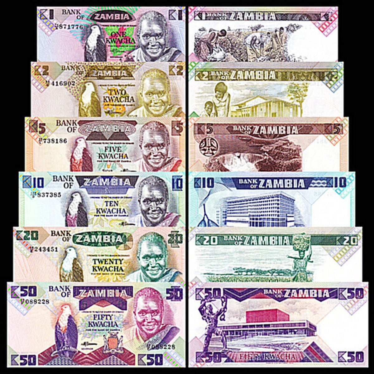 Zambiya Eski Kağıt Para Seti (1-2-5-10-20-50 Kwacha, 1980-1988)