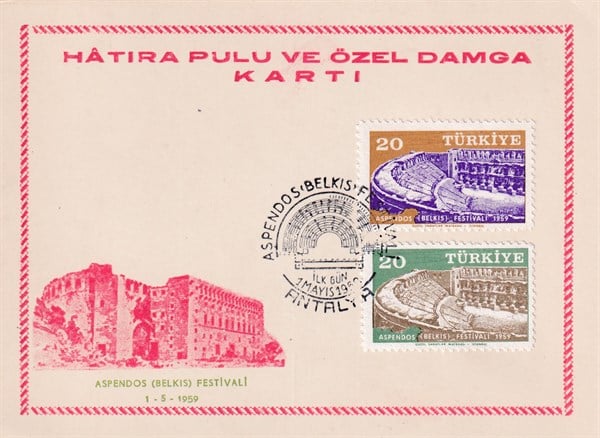 Damgalı Tüm Seri Pul KoleksiyonuAspendos (BELKIS) Festivali (1959) Hatıra Pulu ve Özel Damga Kartı