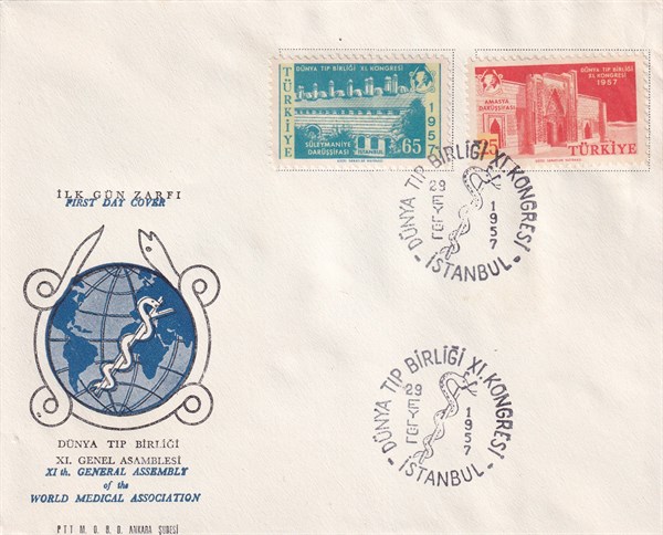 İilkgün Zarfı (FDC)Dünya Tıp Birliği XI. Genel Asamblesi (1957) İlk Gün Zarfı (FDC)
