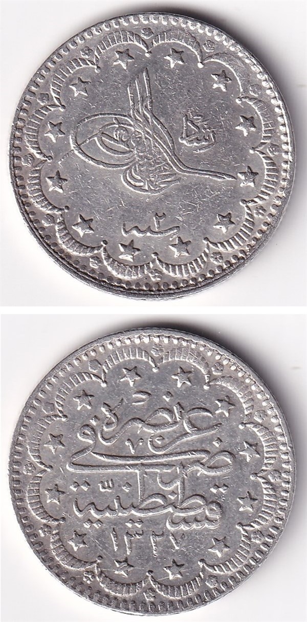 Osmanlı Dönemi Madeni ParalarSultan V. Mehmed Reşad, Gümüş 5 Kuruş 1327/2 (1910) ÇT/ÇÇT Eski Madeni Para