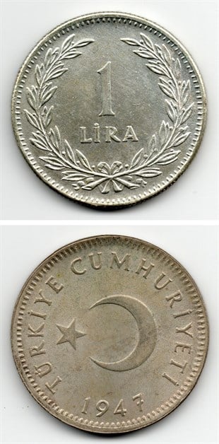 1934-1957 Dönemi Madeni Paraları1 Lira (1947) Gümüş (600 Ayar) ÇİL Eski Madeni Para