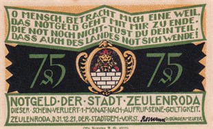 NotgeldAlmanya, Zeulenroda, 75 Pfennig (1921) History Series (5) Notgeld