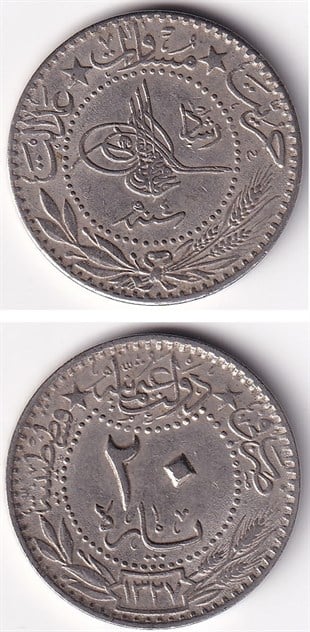 Osmanlı Dönemi Madeni ParalarSultan V. Mehmed Reşad, 20 Para 1327/4 (1912) ÇİL Eski Madeni Para