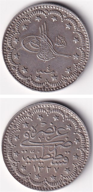 Osmanlı Dönemi Madeni ParalarSultan V. Mehmed Reşad, Gümüş 5 Kuruş 1327/4 (1912) ÇT/ÇÇT Eski Madeni Para