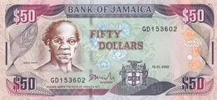 Yabancı Devletlerin Kağıt ParalarıJamaika, 50 Dolar (2002) P#79 ÇİL Eski Yabancı Kağıt Para