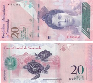 Yabancı Devletlerin Kağıt ParalarıVenezuela, 20 Bolivar (2013) P#91 ÇİL Eski Yabancı Kağıt Para