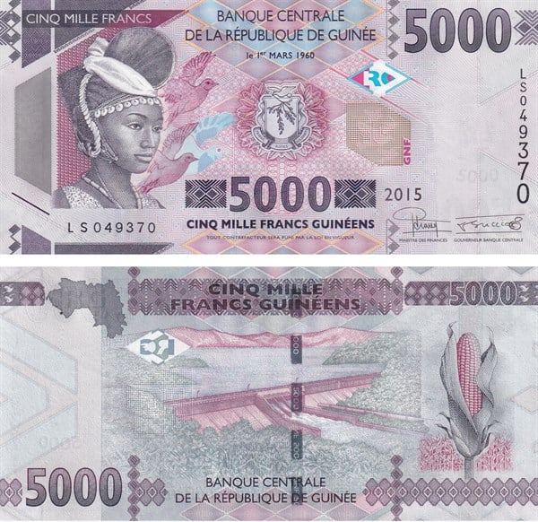 Foreign State BanknotesGine, 5.000 Frank (2015) P#49 ÇİL Eski Yabancı Kağıt Para