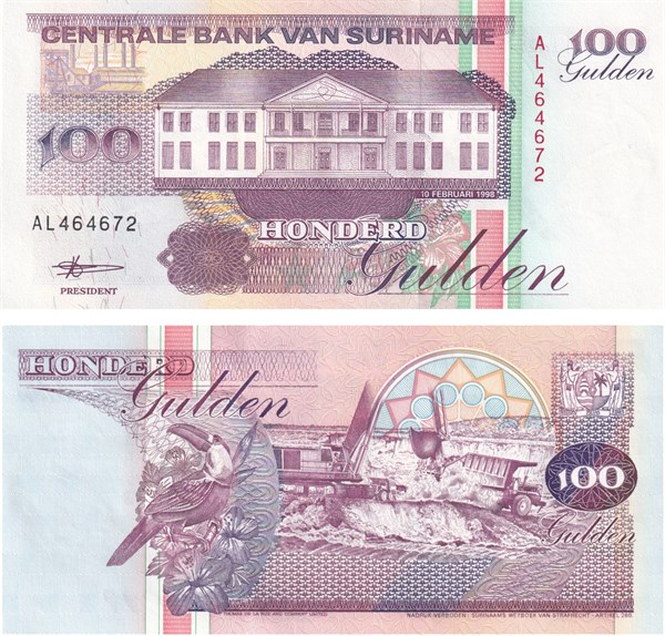 Yabancı Devletlerin Kağıt ParalarıSurinam, 100 Gulden (1998) P#139 ÇİL Eski Yabancı Kağıt Para