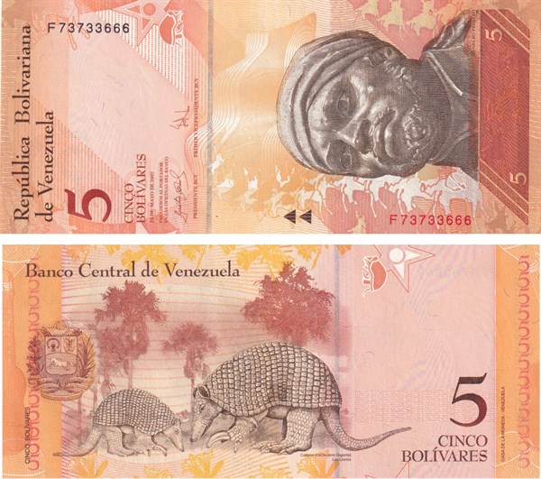 Yabancı Devletlerin Kağıt ParalarıVenezuela, 5 Bolivar (2007) P#89 ÇİL Eski Yabancı Kağıt Para