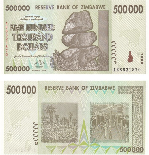 Yabancı Devletlerin Kağıt ParalarıZimbabve, 500.000 Dolar (2008) P#76 ÇİL Eski Yabancı Kağıt Para